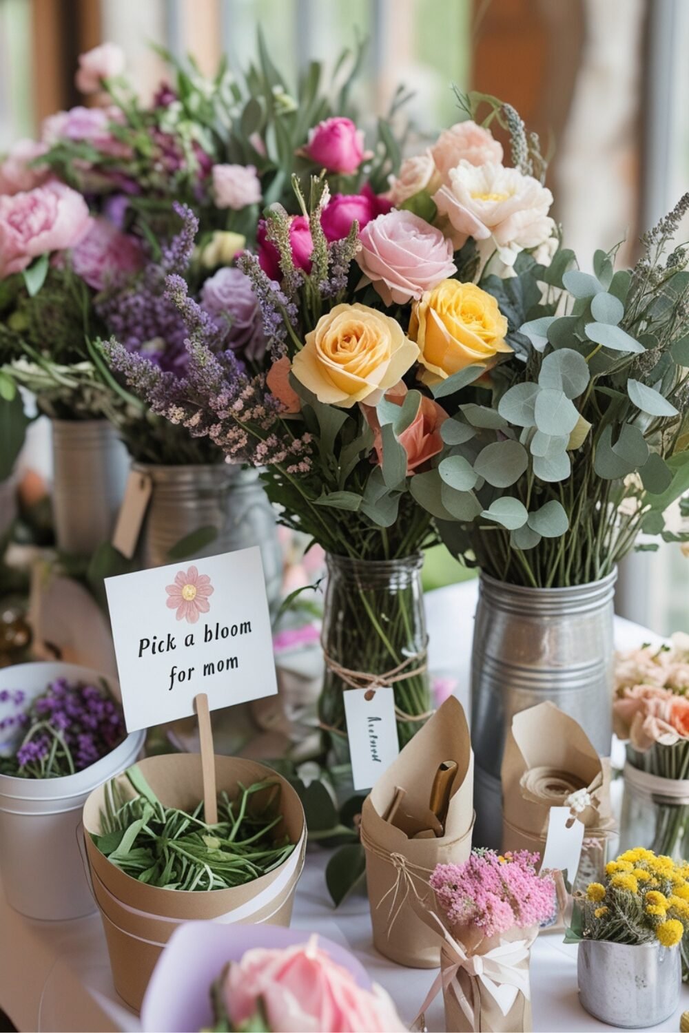 A charming flower bar where guests can handpick and arrange their own mini bouquets as a sweet takeaway. Fresh blooms, pretty wrapping paper, and personalized name tags make it a beautifully interactive experience.