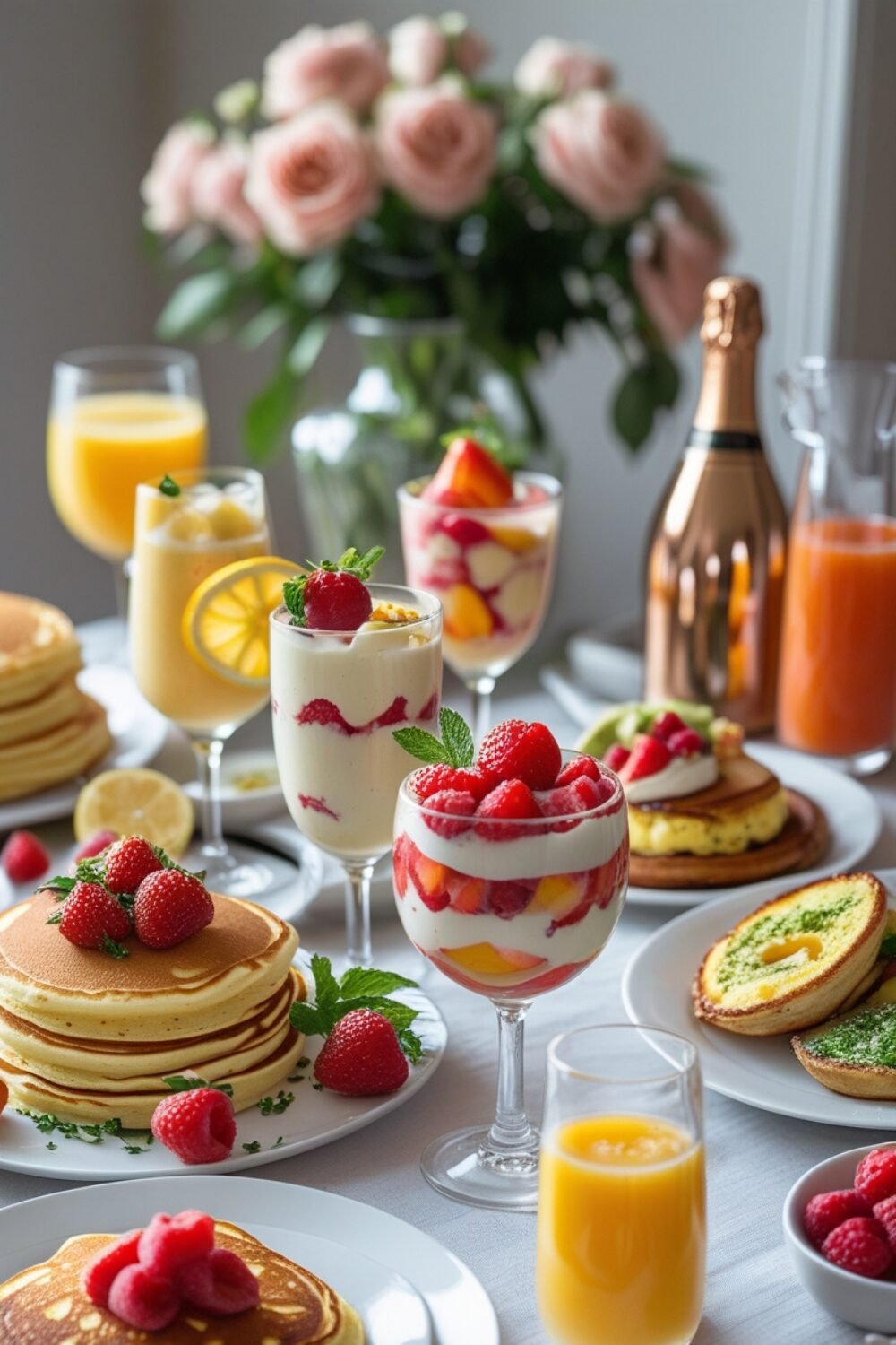 A beautifully arranged brunch spread filled with fluffy pancakes, fresh fruit parfaits, and savory egg dishes. A DIY mimosa bar sits nearby, with chilled champagne and fresh juices, making the morning feel extra festive.