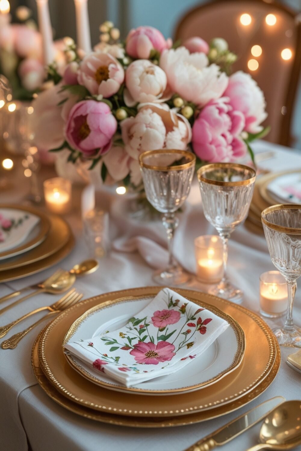A charming tablescape with elegant plates, delicate floral napkins, and a centerpiece of fresh peonies. Soft candlelight and twinkle lights add a warm glow, creating an intimate and stylish setting.