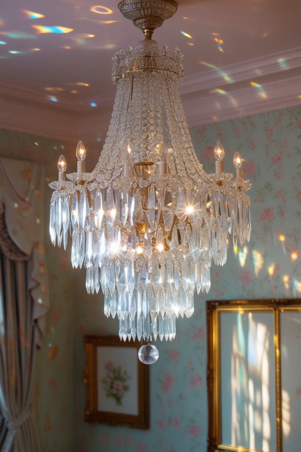 A shimmering crystal chandelier hanging from a high ceiling, casting tiny rainbows across the walls. The light flickers softly, illuminating delicate pastel wallpaper and vintage gold picture frames.