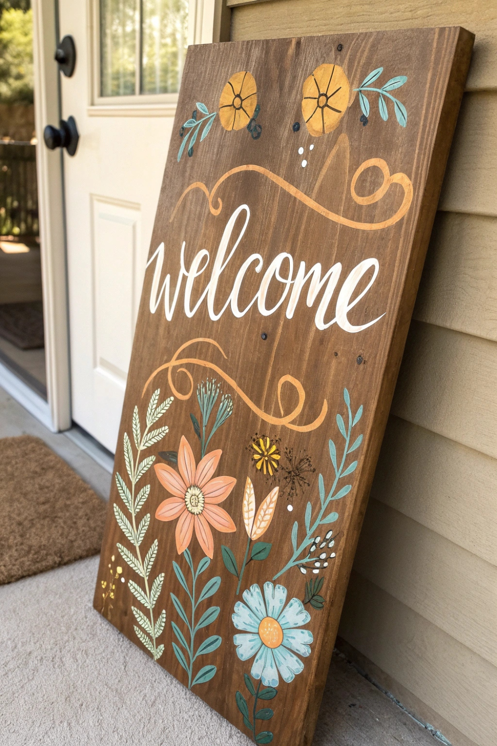 A hand-painted wooden welcome sign leaning gracefully against the wall, bringing warmth and personality to the space.