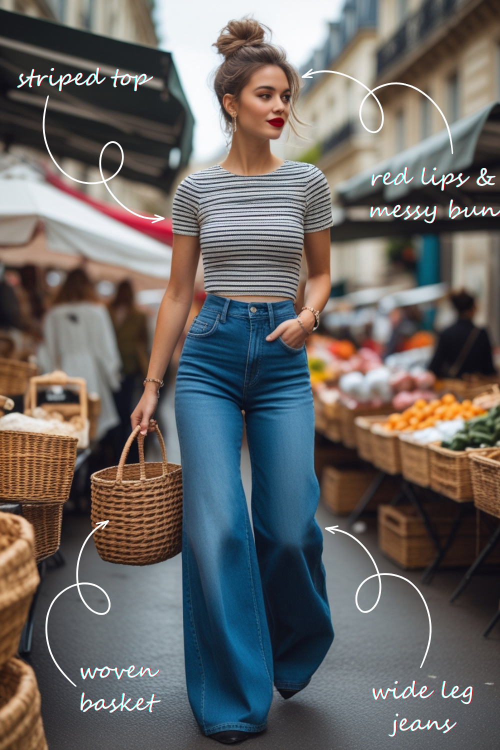 You're strolling through a Parisian market, woven basket in hand, looking effortlessly chic without trying too hard. Your high-waisted wide-leg jeans create the perfect silhouette while a tucked-in striped top adds that certain je ne sais quoi. A red lip and messy bun complete the look that says "I'm stylish but don't obsess over it" (even though we totally do!).