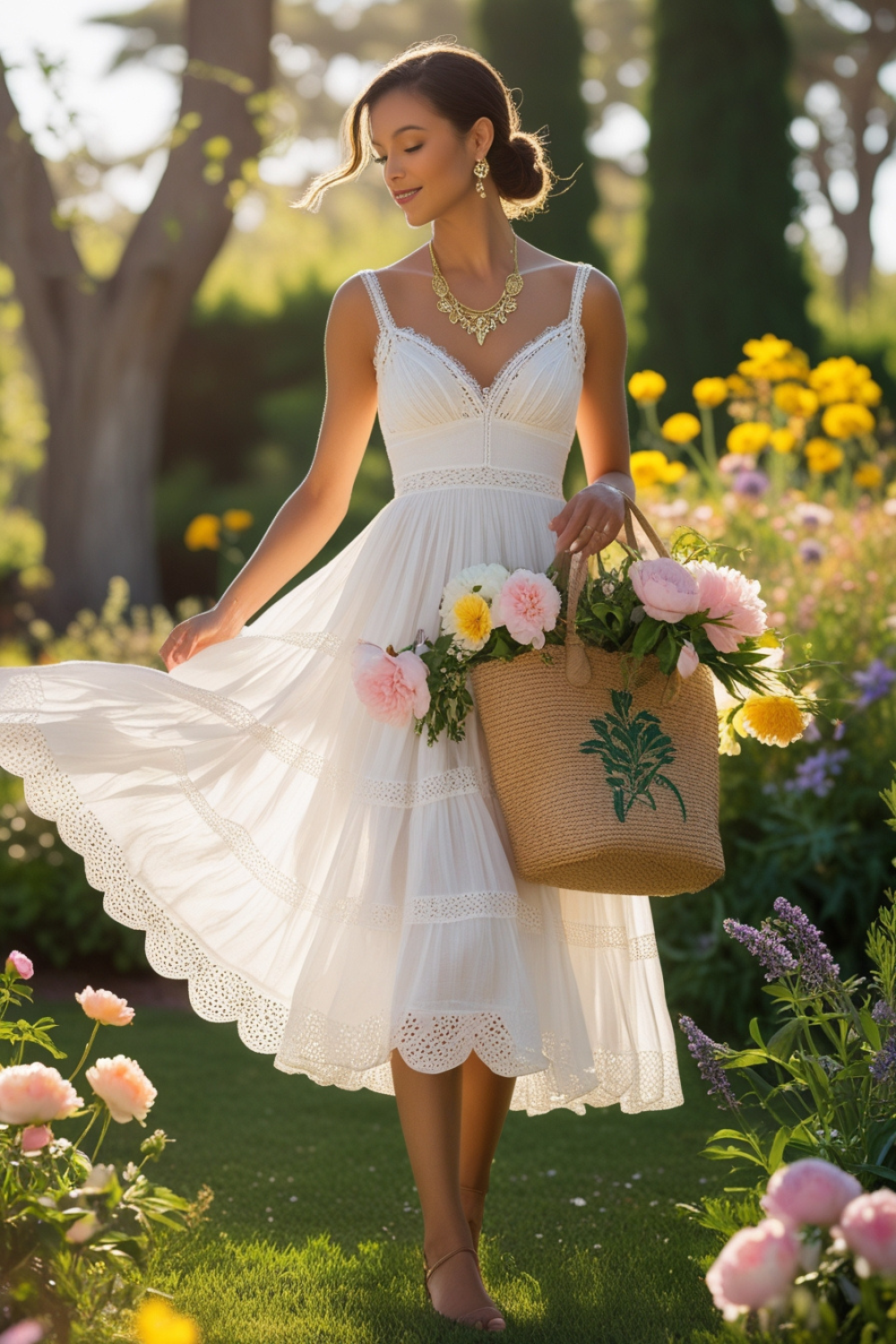 A sunlit garden, a crisp white eyelet dress flowing in the breeze, a woven tote filled with fresh flowers, and delicate gold jewelry glistening in the sunlight