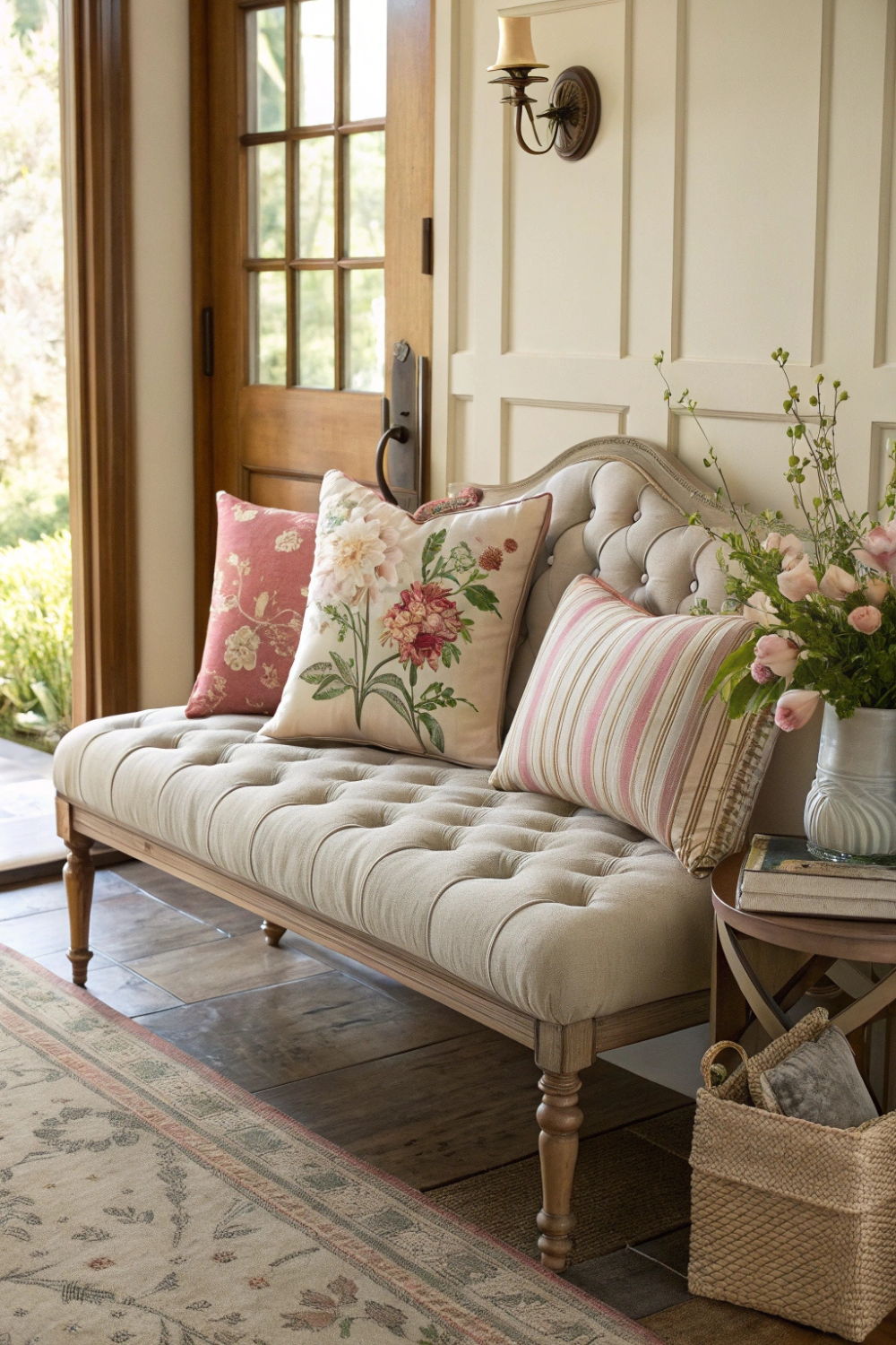 A plush, tufted entryway bench with decorative pillows in soft florals, ticking stripes, or neutral hues, inviting guests to sit and stay awhile.