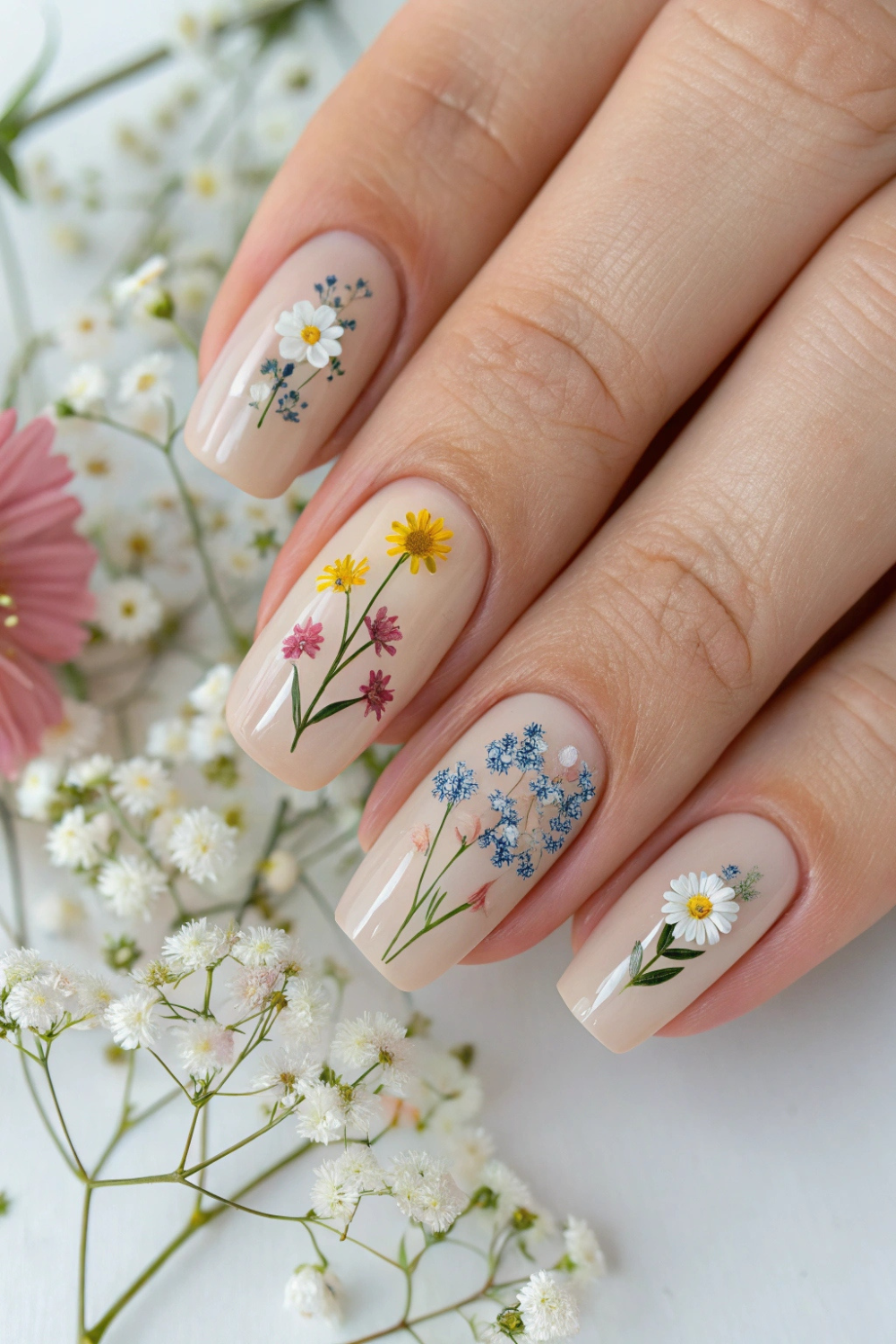 A neutral, nude-toned base with tiny, colorful wildflowers scattered delicately across each nail. Think baby’s breath, daisies, and forget-me-nots painted in soft pastel hues.