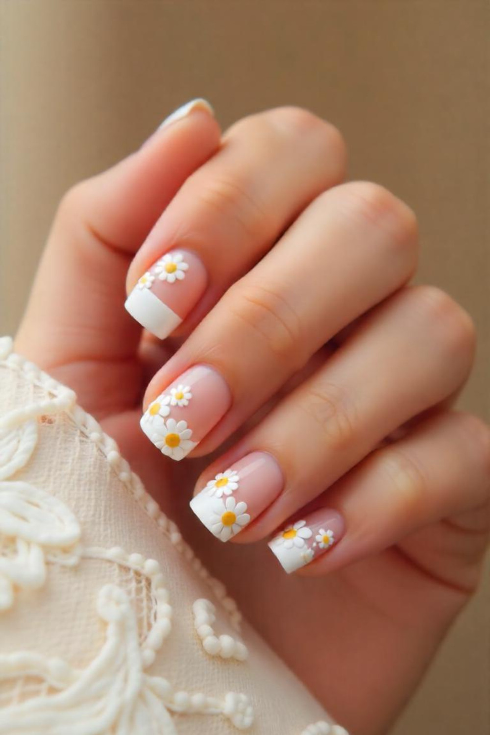 A modern twist on the classic French manicure with tiny white daisies adorning the tips of each nail. The base is a sheer nude, allowing the floral details to stand out. The background features a soft, white lace fabric for a delicate spring feel.