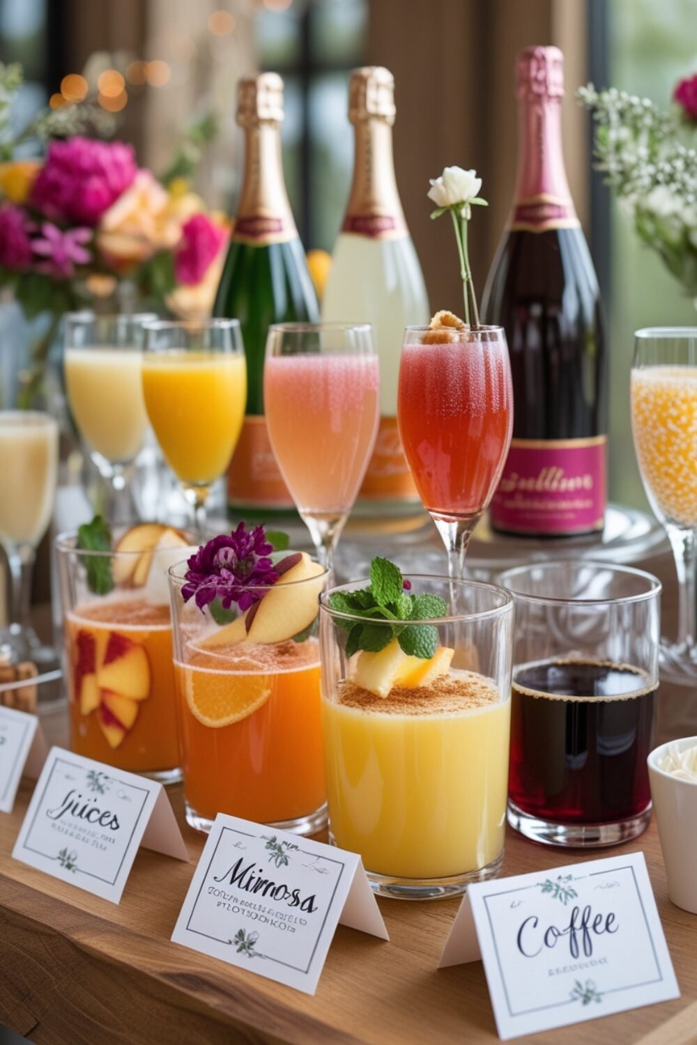 A cute, self-serve beverage station where guests can create their own signature mimosas and coffee drinks. Fresh juices, flavored syrups, and fun toppings make it a customized treat for everyone.