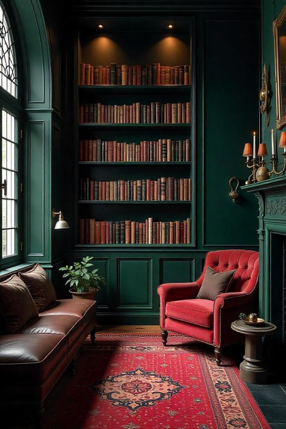 The walls are painted in deep, moody shades, creating a cozy, intimate feeling that transports you straight into a secret medieval library. The bookshelves contrast beautifully against the rich, jewel-toned accents, making the space feel dramatic yet sophisticated.