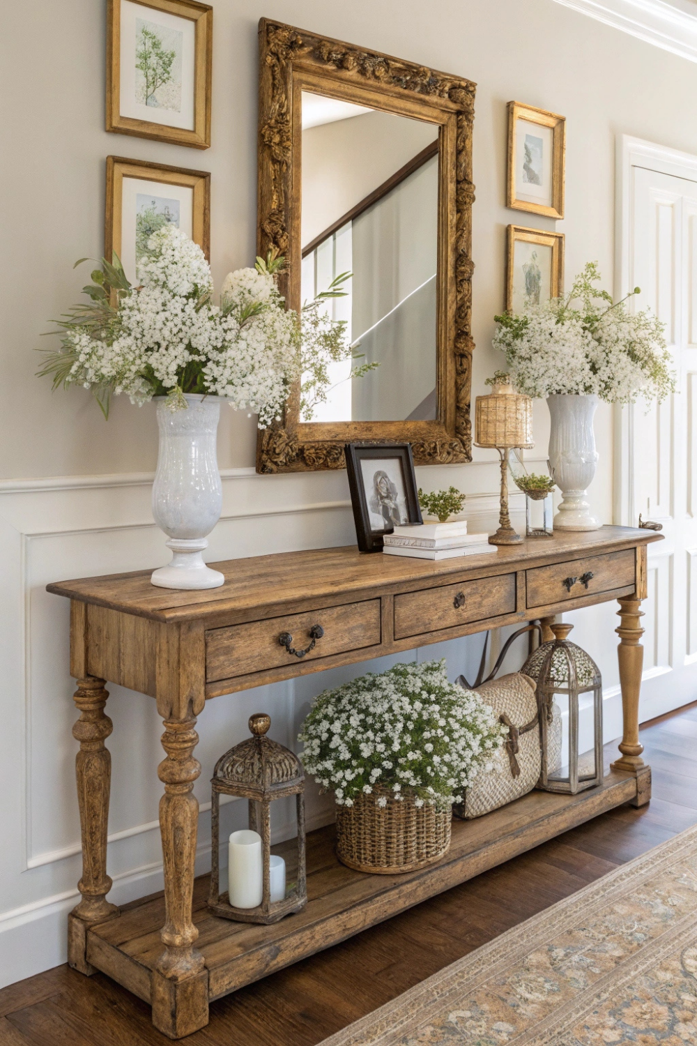 A rustic yet refined wooden console table with delicate white florals, vintage frames, and a gold-trimmed mirror above it.
