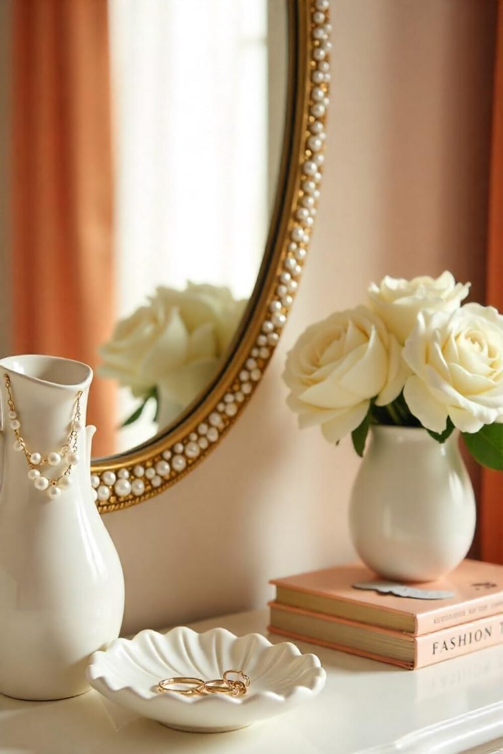 A gilded mirror with a pearl-encrusted frame hangs above your vanity, reflecting the soft shimmer of your decor. On your dresser, a white ceramic jewelry dish shaped like an oyster shell holds delicate pearl necklaces and rings. A mother-of-pearl vase filled with fresh white roses sits beside a stack of fashion books with glossy covers. The details are small, but they create an expensive, curated aesthetic that makes your room feel polished and effortlessly elegant.