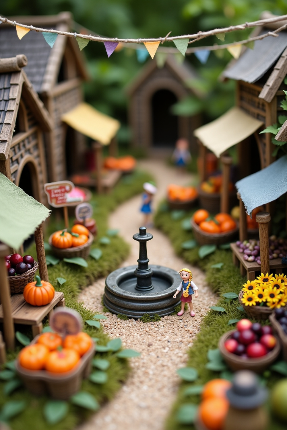 A bustling miniature marketplace where garden fairies trade their homegrown treasures. Tiny stalls made from twigs and leaves display minuscule produce – thimble-sized pumpkins, bottle cap sunflowers, and seed pod baskets overflowing with berry-like treasures. A central fountain (made from a bottle cap and small pump) provides a gathering place where fairy figurines appear to chat and barter. Tiny bunting flags made from scraps of fabric flutter overhead, while miniature chalkboard signs advertise the day's special offerings.