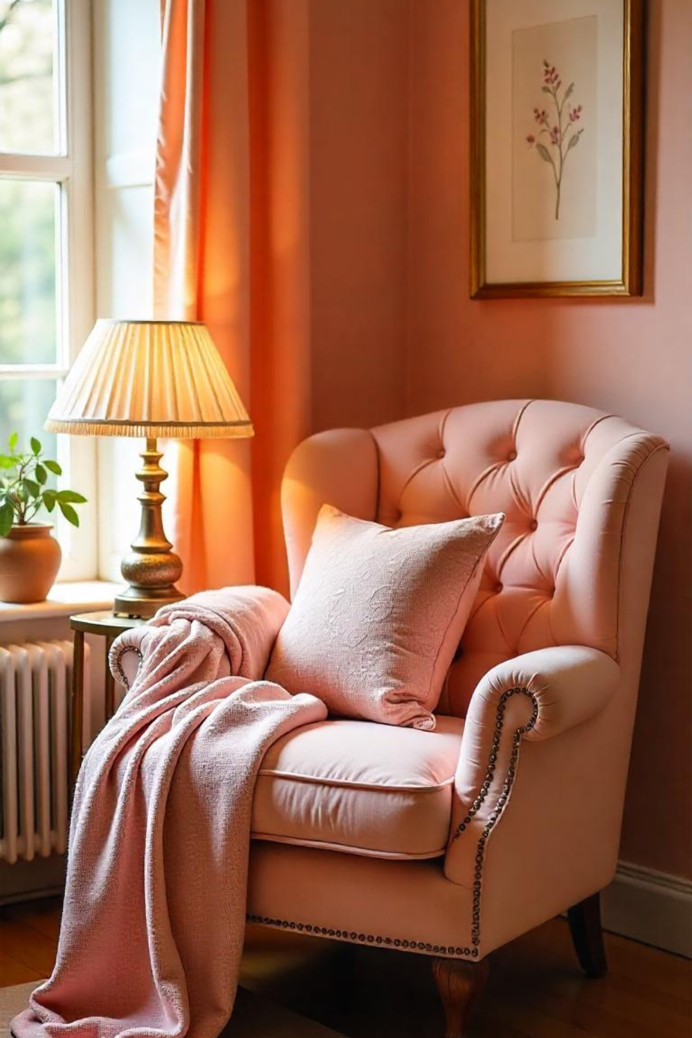 A cozy reading corner with a tufted chair piled high with soft, floral cushions. A pale pink cashmere throw cascades over the side, and a vintage lamp softly glows nearby.