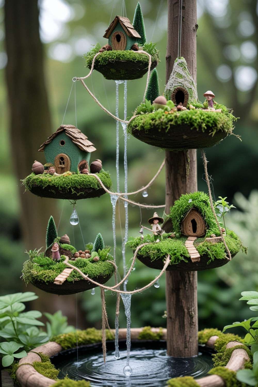 A gravity-defying miniature world where islands of lush greenery appear to float in mid-air. Connected by tiny rope bridges and ladders, each floating island holds different fairy dwellings – from acorn-capped homes to miniature treehouses. Whisper-thin cascades of "water" (clear fishing line with clear glue droplets) fall from one level to another. When a gentle breeze blows through your garden, the suspended islands seem to dance and sway, bringing the entire magical creation to life.
