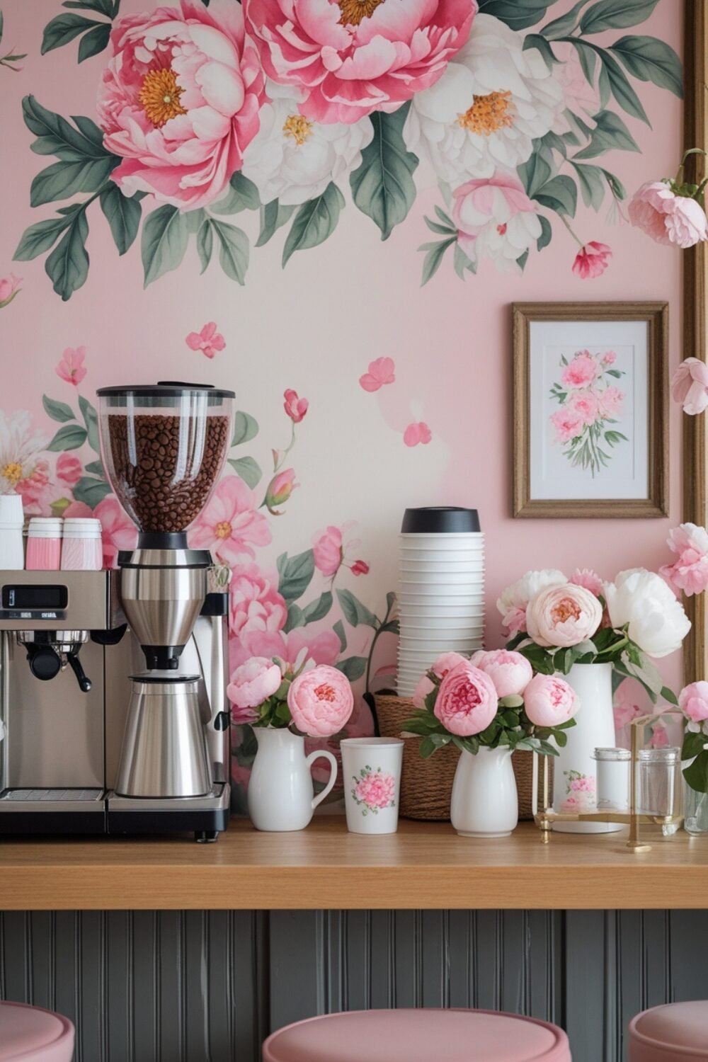 Behind your coffee station, a floral wallpaper accent wall or pink and white peony decals create a soft, feminine backdrop that makes the space feel warm and inviting.