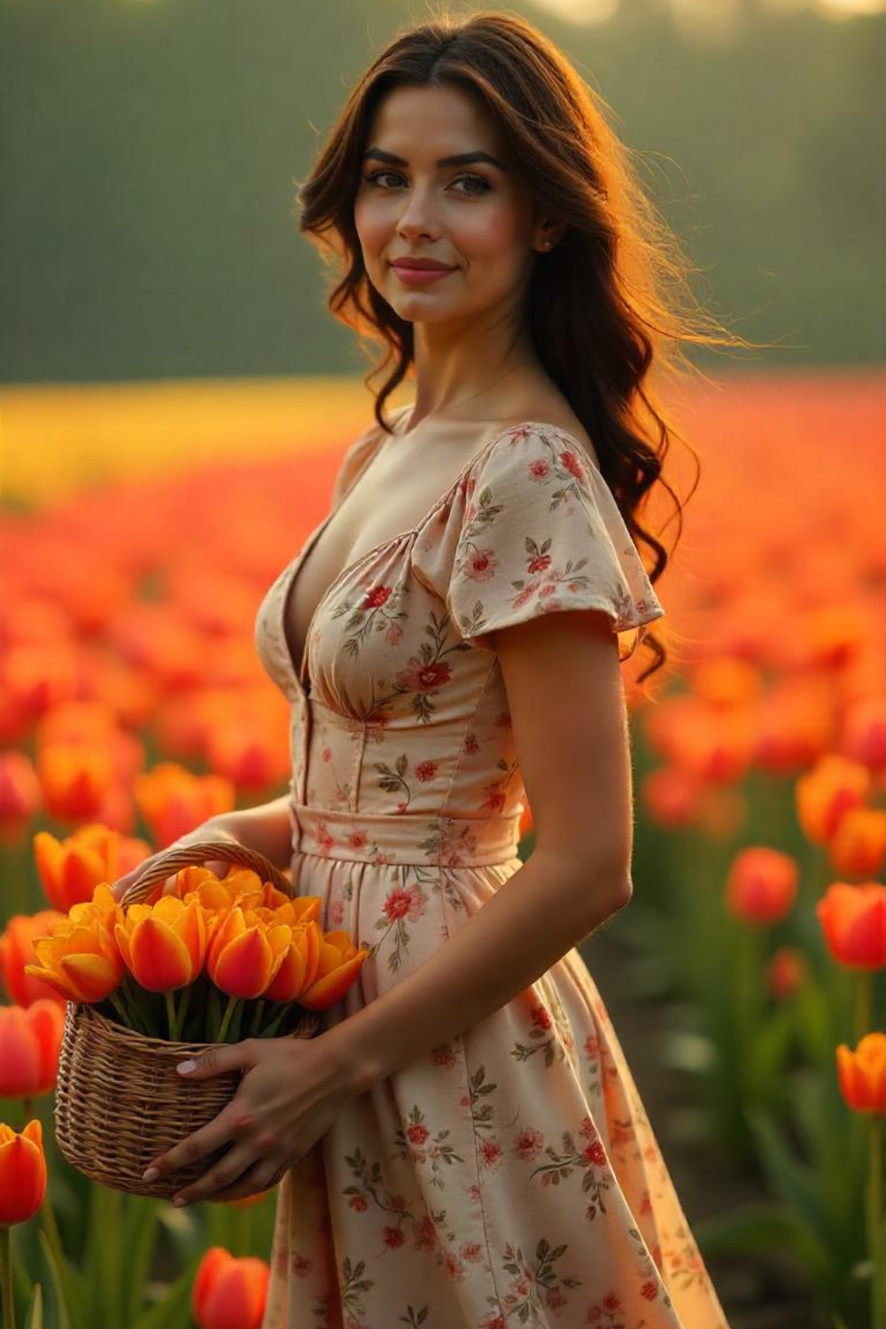 A dreamy flower field, a vintage-inspired floral midi dress cinched at the waist, soft curls blowing in the wind, and a woven basket filled with fresh tulips.