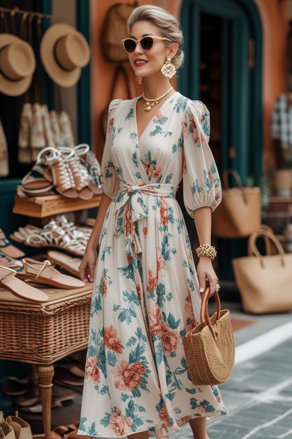 You’re strolling through the streets of Positano, stopping at a boutique to browse handmade sandals. Your floral midi dress cinches effortlessly at the waist, making you feel put-together yet comfortable. The vintage-inspired print and flowy fabric exude old-money charm, as if you’ve been vacationing here for years.