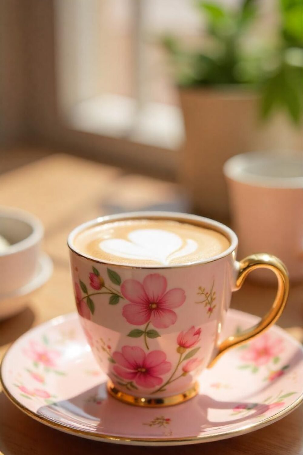 Your coffee is served in a delicate pink mug adorned with watercolor florals, making every sip feel like a moment of calm and beauty. The gold handle glows softly under the morning sun, perfectly complementing the warm hues of your latte.