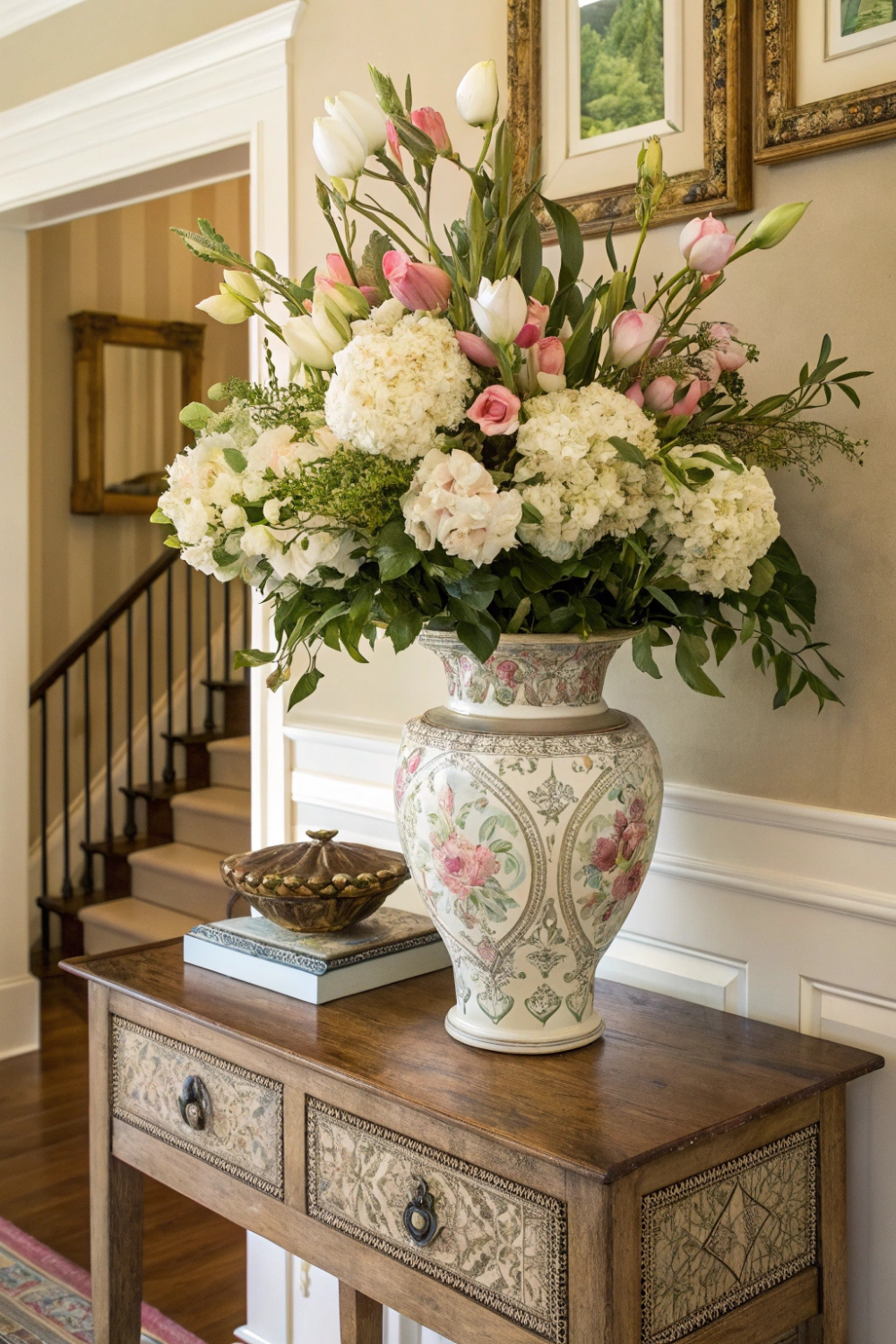 A delicate ceramic vase filled with fresh hydrangeas, peonies, or magnolias, placed elegantly on an entryway table. The scent of fresh blooms welcomes guests instantly.