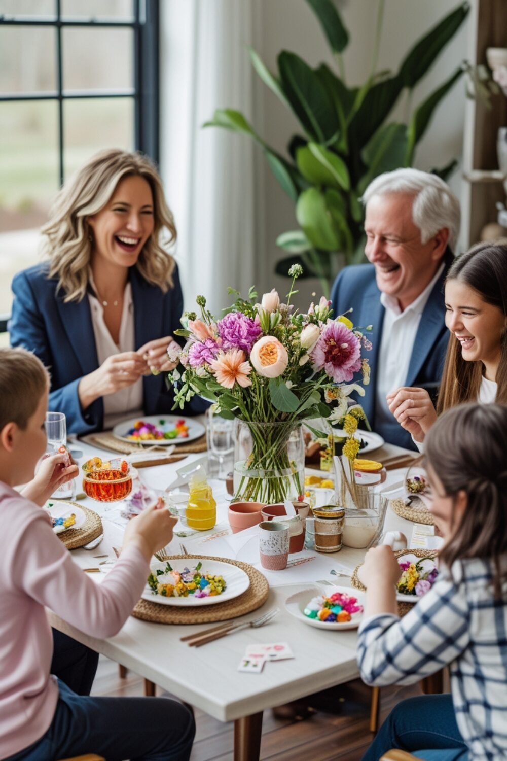 After brunch, you and your family sit around the table laughing, playing games, and reminiscing about childhood memories. Maybe there’s even a flower-arranging activity or a group crafting session, making the day feel extra interactive and fun!