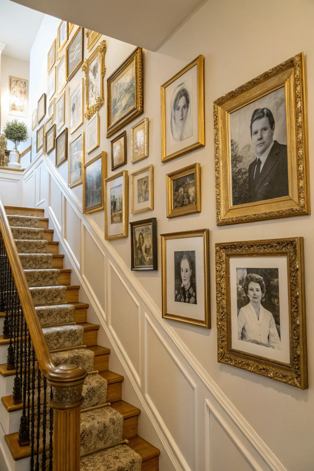 A gallery wall filled with black-and-white family photos in vintage gold frames, telling a story of generations past.