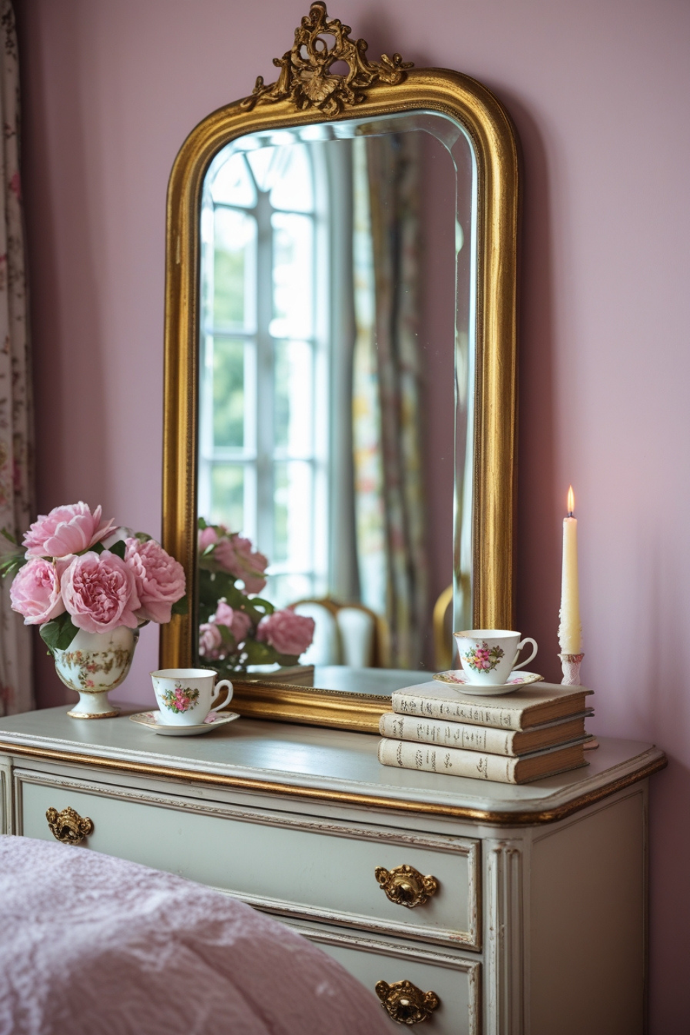 An oversized, gilded mirror leans against a soft pink wall, reflecting a vintage dresser topped with stacked poetry books, a floral teacup, and a delicate candle.