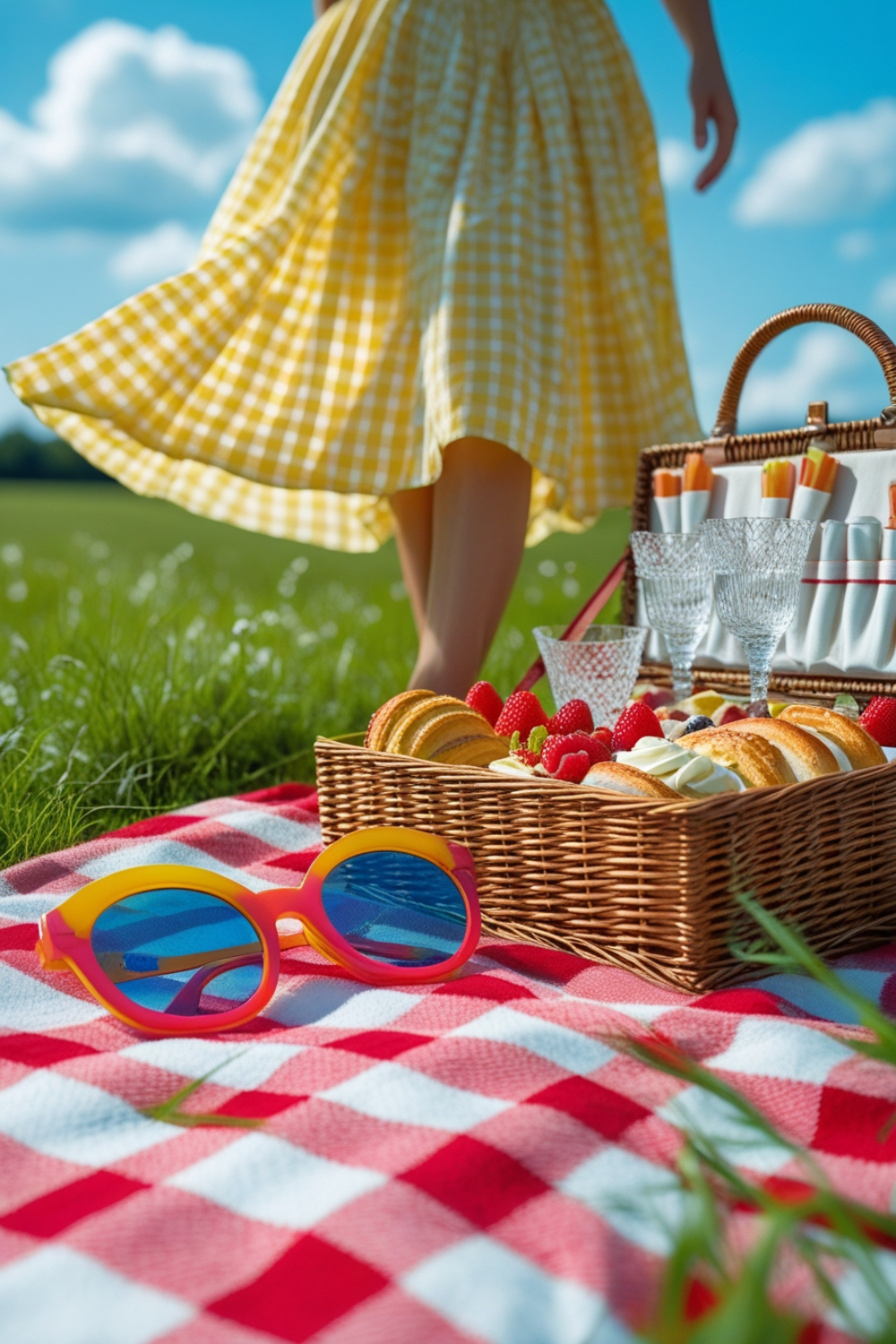 A sun-drenched picnic scene, a yellow gingham skirt swaying in the breeze, a picnic basket filled with pastries, and oversized sunglasses for a playful, retro touch