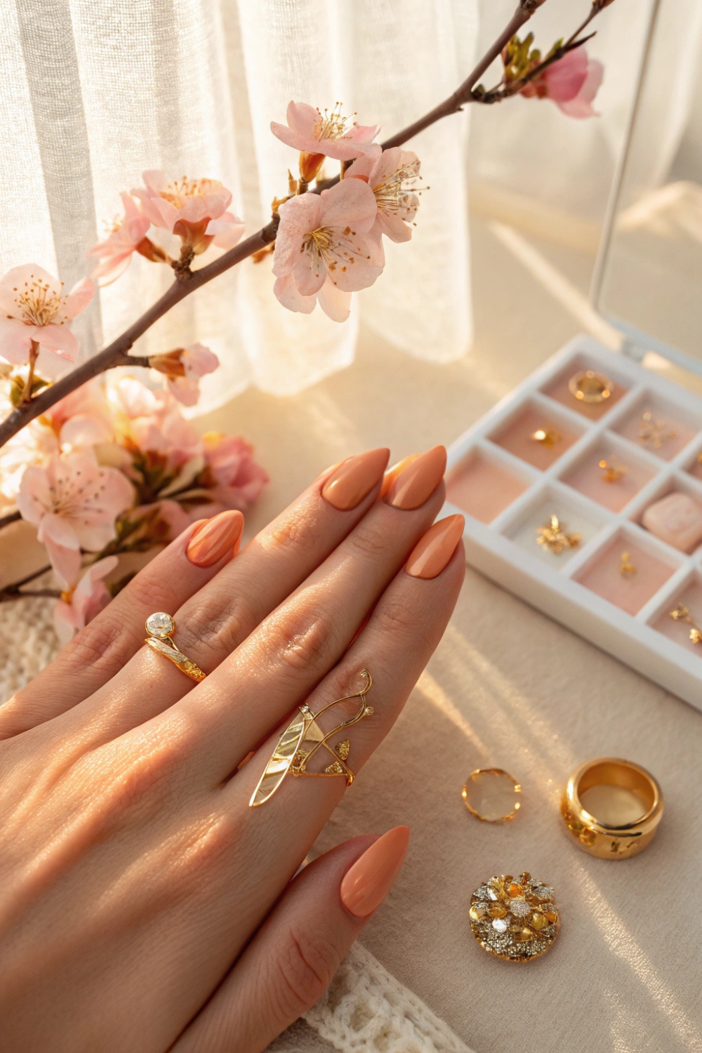 A peachy shade with sheer chrome powder for a Hailey Bieber-inspired look.