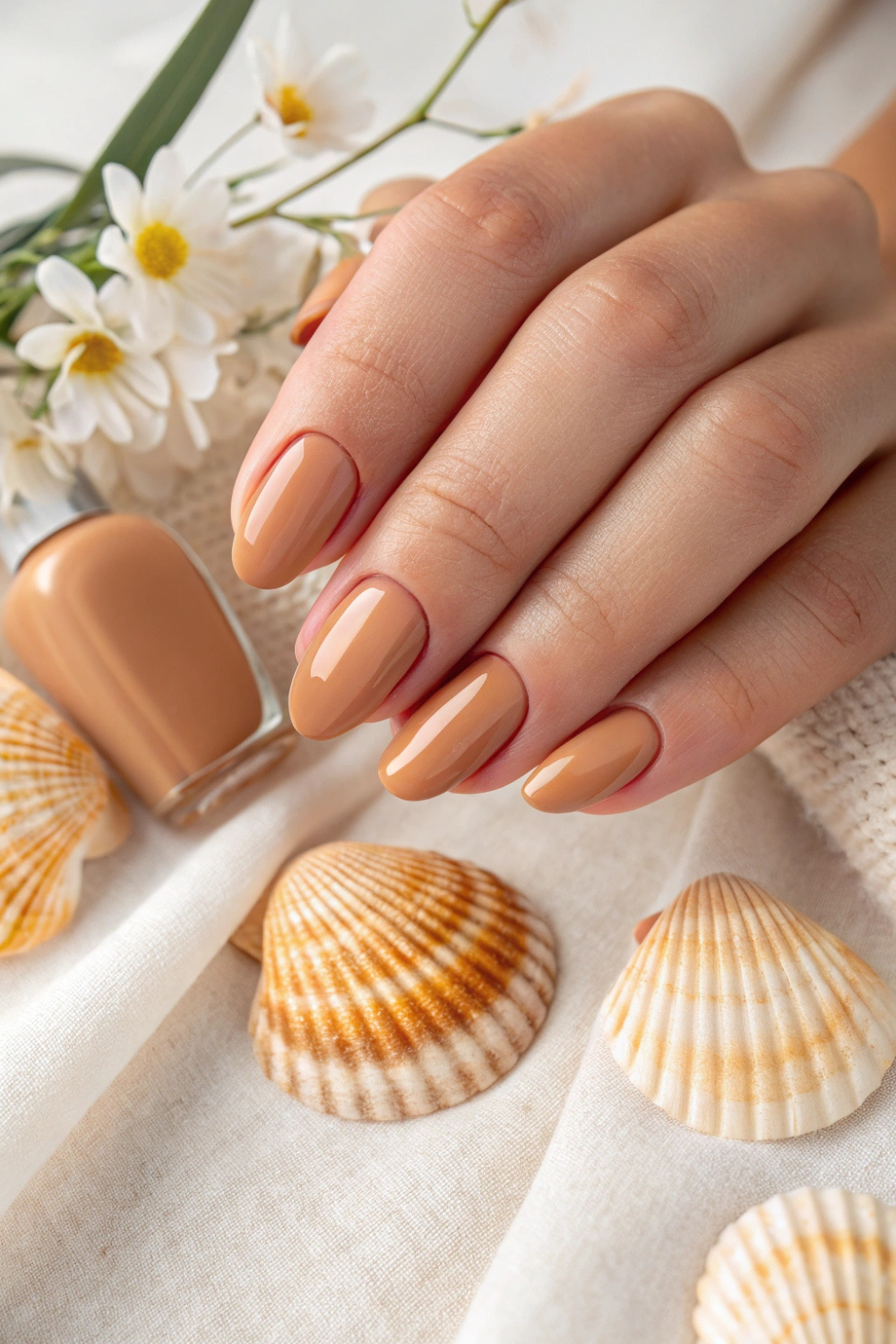 A soft, neutral shade—sandy beige, warm caramel, or creamy taupe.