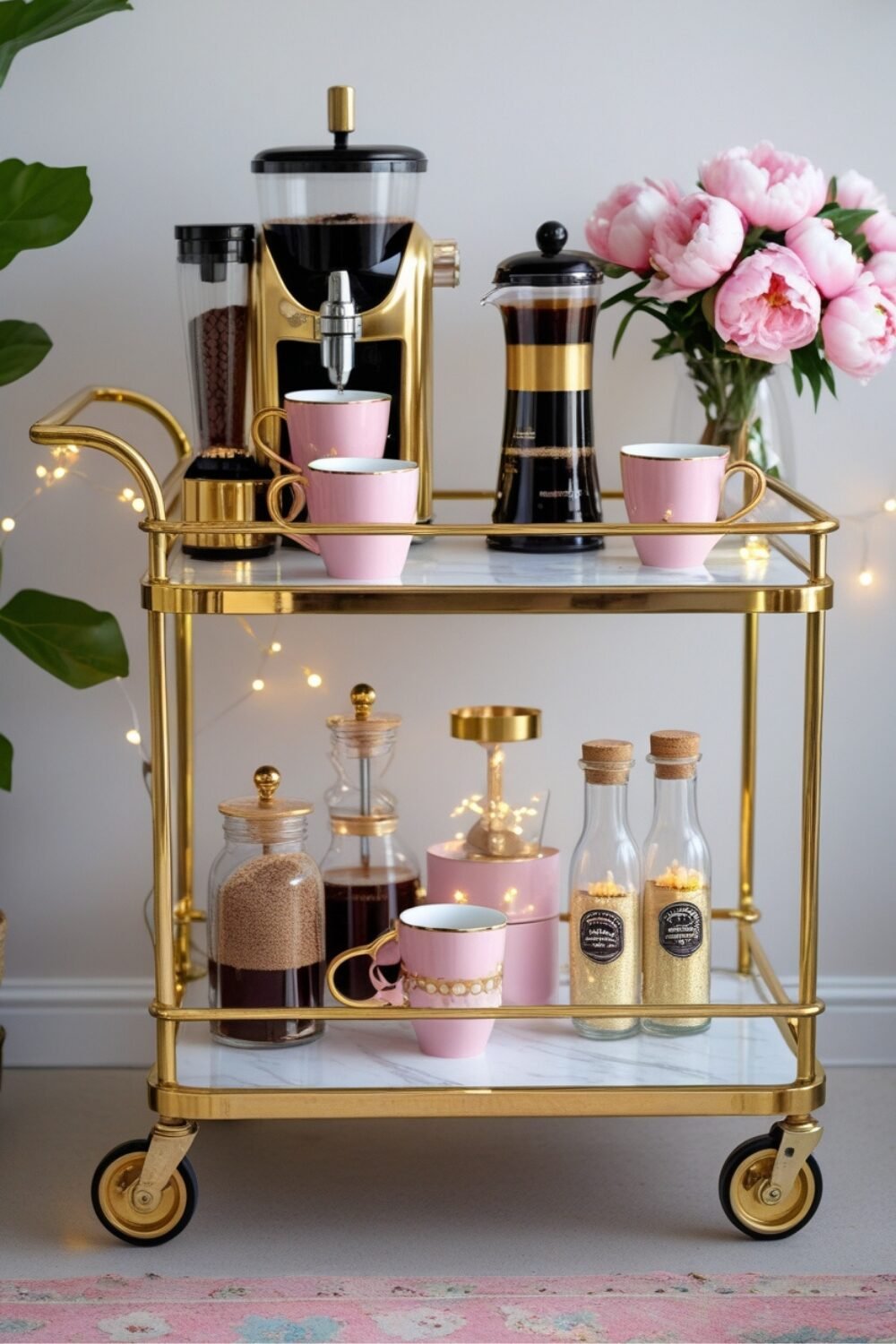 A gold rolling bar cart transforms into a luxurious coffee station, filled with elegant pink and gold mugs, a stylish espresso machine, and cute decorative accents. The bottom shelf holds glass jars of sugar and coffee beans, while fairy lights or fresh flowers add a touch of charm.