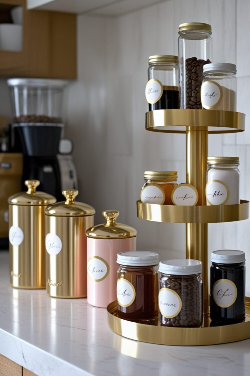 Sleek gold coffee canisters sit neatly on the counter, labeled with elegant script fonts. Nearby, a gold tiered stand organizes coffee pods, syrups, and sweeteners, keeping everything stylish and accessible.