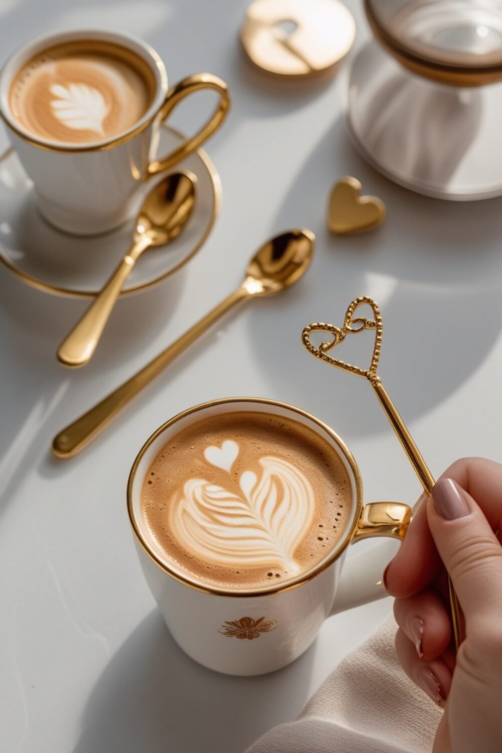 A gold coffee spoon rests beside your latte, its sleek, polished finish catching the morning light. Next to it, a gold stirrer with a delicate heart or floral detail swirls the frothy milk into your espresso. Every sip feels just a little more elegant and luxurious, turning your coffee routine into a moment of indulgence.