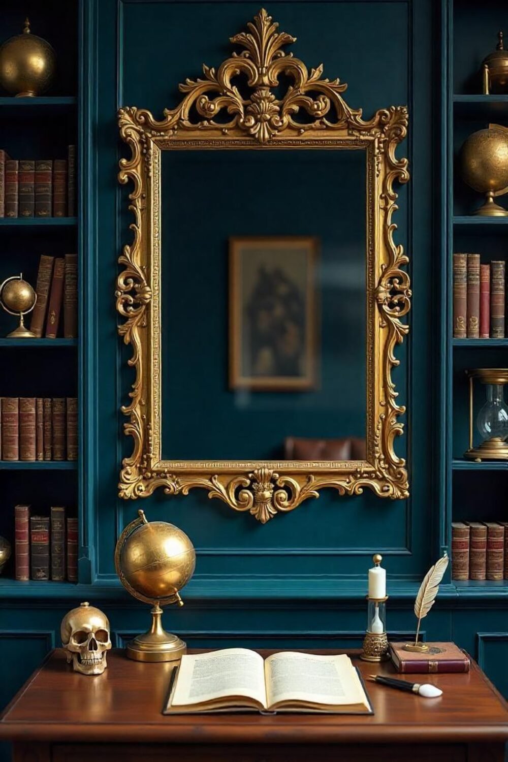 A gold-framed mirror with intricate carvings hangs above a dark wooden writing desk. On the shelves, vintage globes, hourglasses, and brass bookends sit between leather-bound classics. A skull-shaped inkwell and an aged parchment scroll rest beside an ornate quill pen, evoking the feeling of a scholar’s study from centuries past.