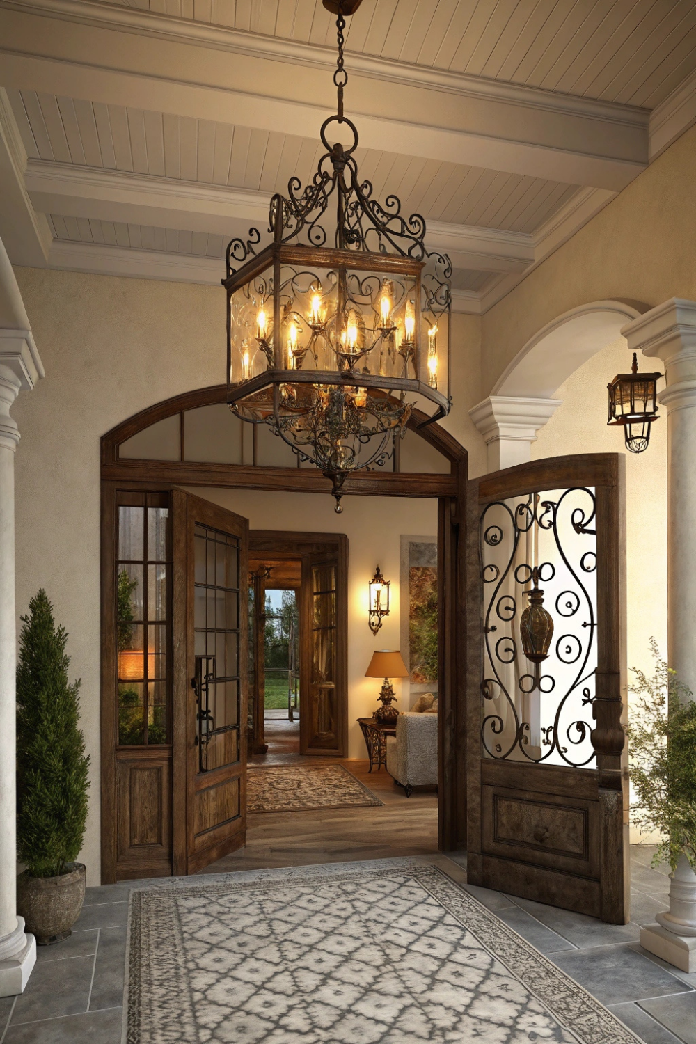 A stunning wrought-iron chandelier or a vintage-inspired lantern illuminating the entryway, casting a warm, welcoming glow over the space.