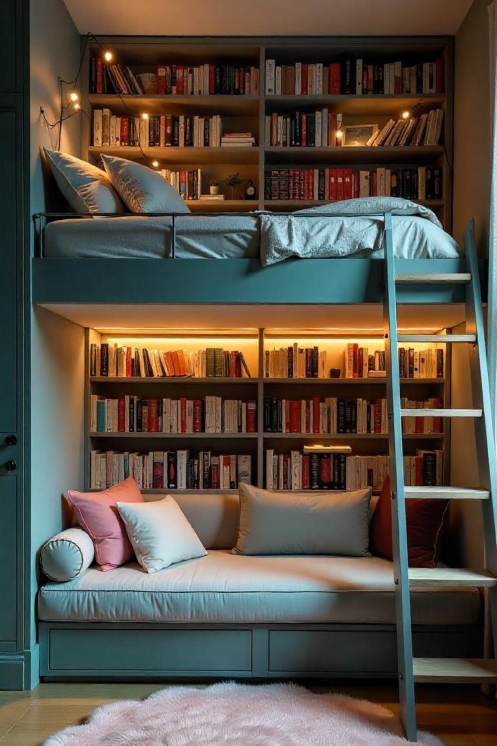 If your bedroom has a sleek loft bed, underneath it, instead of a regular desk or storage, you can create a private library corner. The walls beneath the loft can be lined with built-in bookshelves, and a comfy loveseat or floor cushions can sit in the center, making it the ultimate secret reading hideaway. Add fairy lights that would twinkle softly, casting a warm glow over your carefully stacked books, making the space feel like a cozy literary escape.