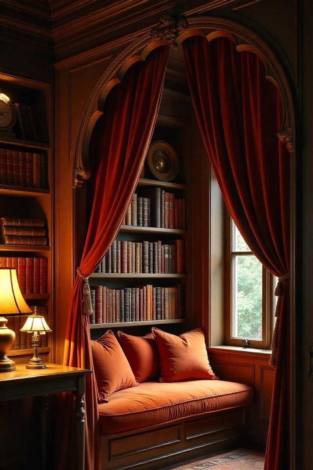 A cozy alcove tucked behind a bookshelf, lined with plush cushions, flickering lanterns, and floor-to-ceiling books. The entrance is disguised as a hidden door, making the entire space feel secluded and mysterious—as if it belongs in a fairytale.