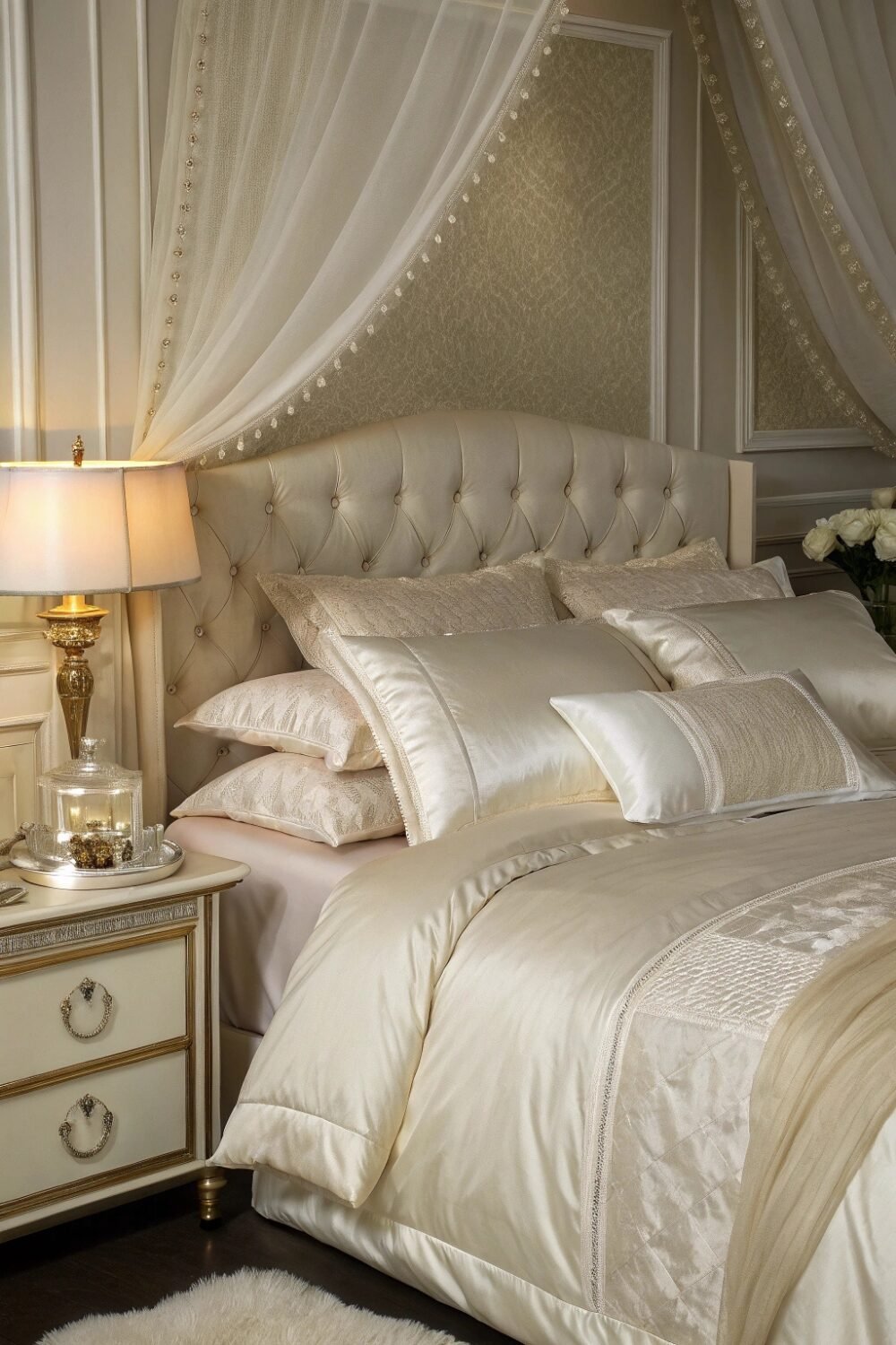 Your bed is layered with plush, cloud-like duvets in creamy pearl tones, topped with satin pillowcases that subtly reflect the light. A sheer, glistening canopy drapes over your headboard, giving the illusion of soft ocean waves. On your nightstand, a mother-of-pearl tray holds a delicate pearl lamp and a vintage-inspired perfume bottle with an opalescent glow. The textures in your room feel rich and luxurious, yet soft and inviting—like the inside of a glistening oyster shell.