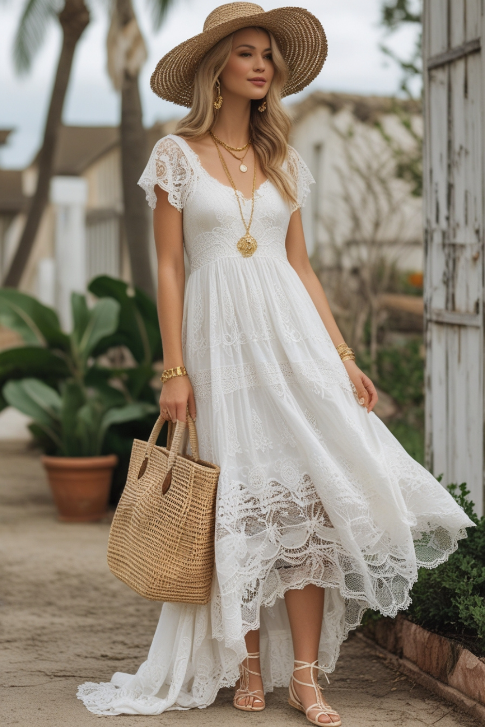 Lace Maxi Dress & Woven Hat for a shabby chic look