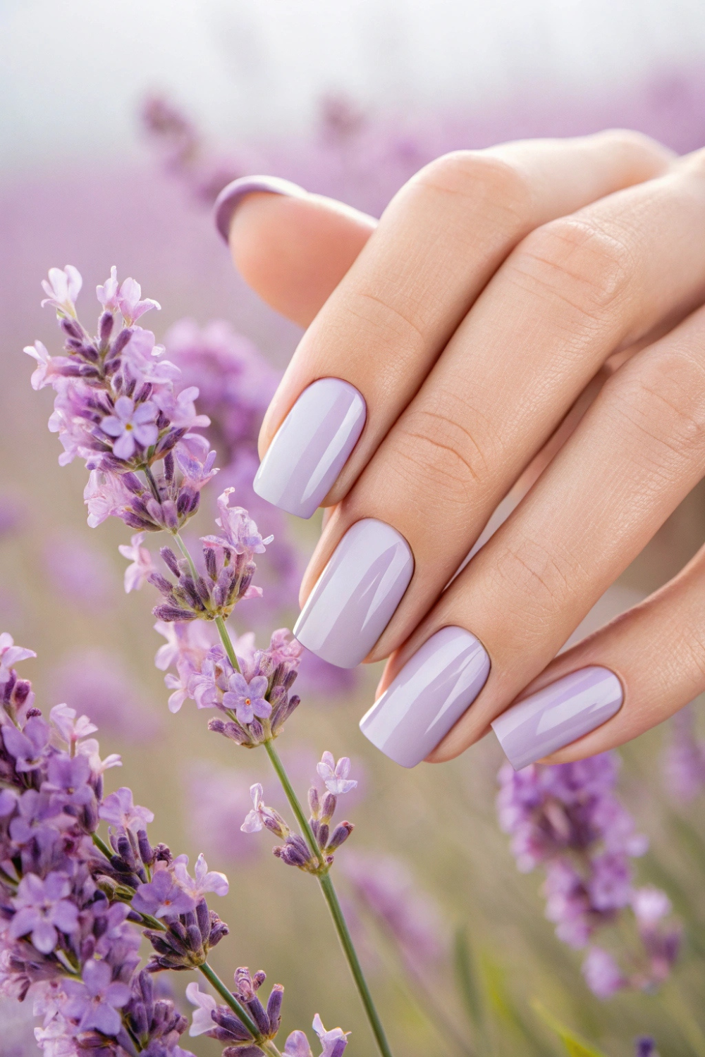 A muted lavender polish with a subtle glossy finish.