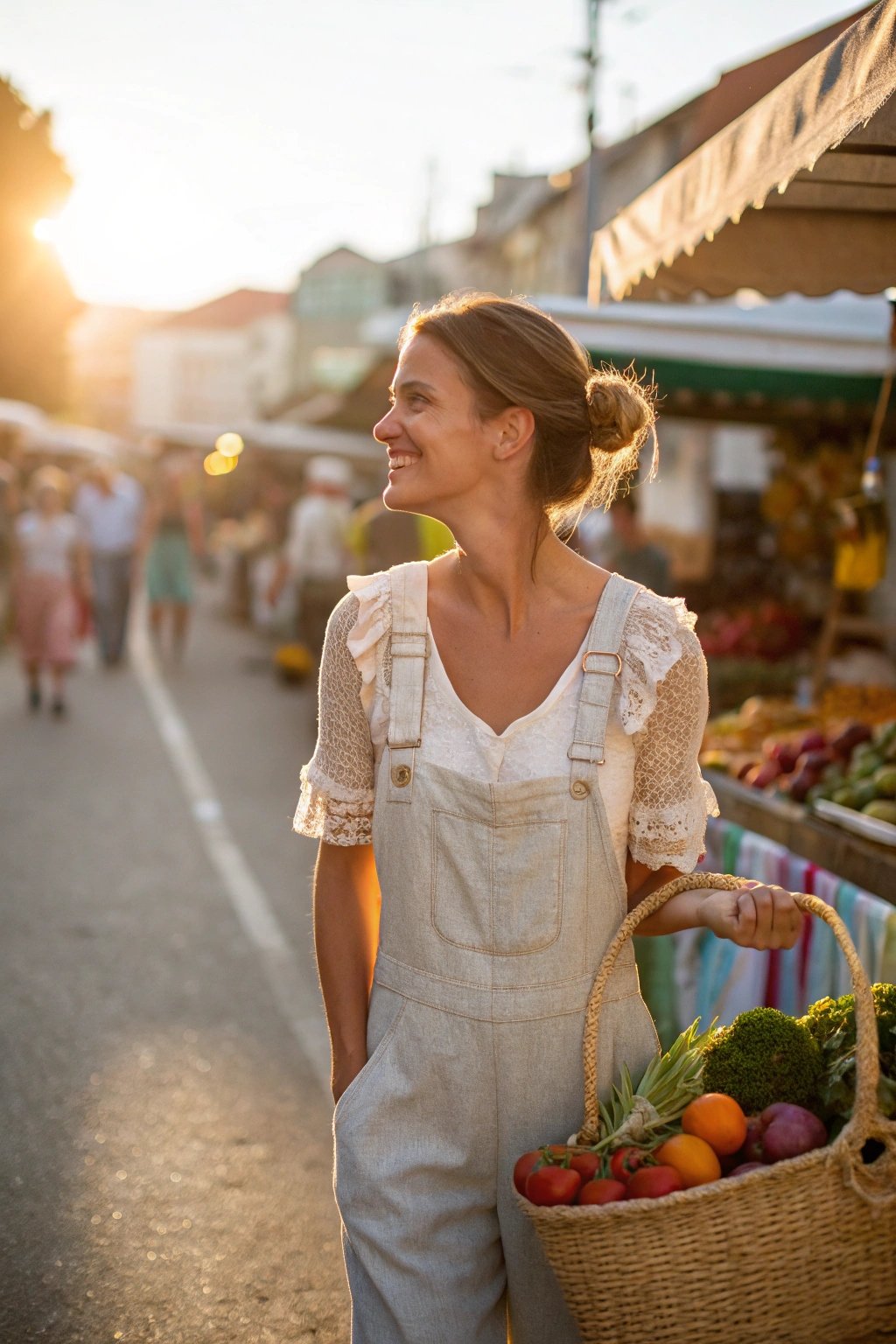A warm afternoon at a farmer’s market, linen overalls layered over a delicate puff-sleeve blouse, a woven market bag filled with fresh produce, and rosy cheeks from the sunshine