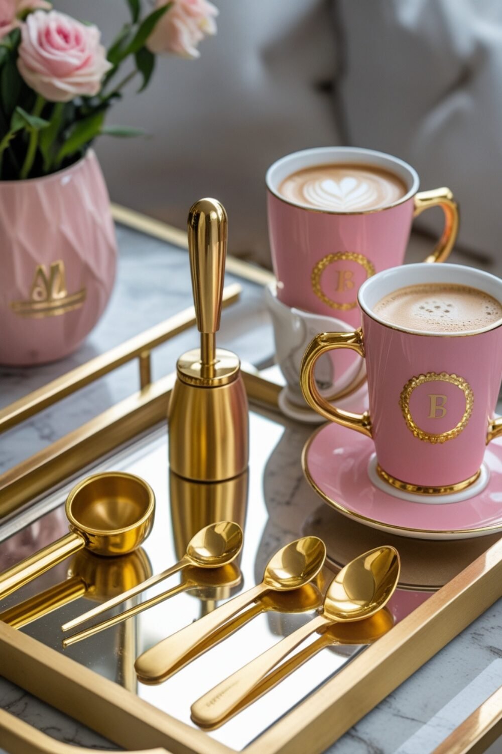 A gold tray holds a collection of matching gold coffee accessories, including a milk frother, golden spoons, and a coffee scoop. A set of pink and gold monogrammed mugs sits nearby, adding a personalized, boutique café vibe to your setup.