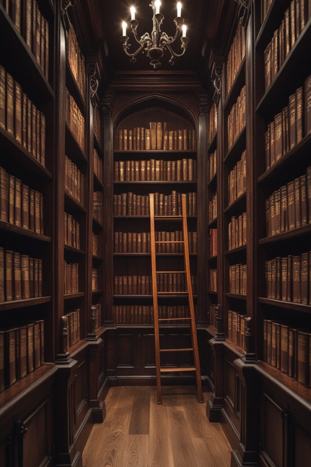 Towering mahogany bookshelves stretch from floor to ceiling, filled with leather-bound books with gilded spines. The deep, warm wood tones contrast beautifully against soft candlelight, creating an atmosphere that feels mysterious yet inviting. The shelves are slightly worn, adding to the timeless, antique aesthetic, as if countless scholars have traced their fingers along their surfaces for centuries.