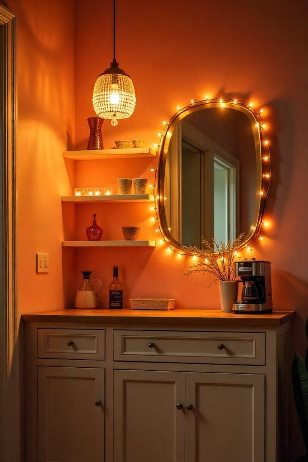 Soft twinkle lights drape delicately around your coffee bar, casting a warm glow in the early morning or late at night. Above your setup, a mini crystal chandelier or gold pendant light adds a touch of vintage glam, making your coffee space feel like a Parisian café.