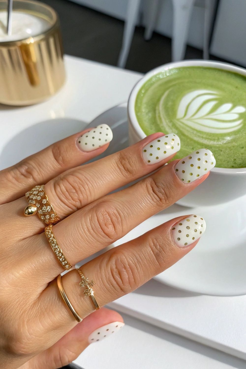 A chic and understated look featuring a single dot of color on each nail—simple, artsy, and effortlessly stylish.