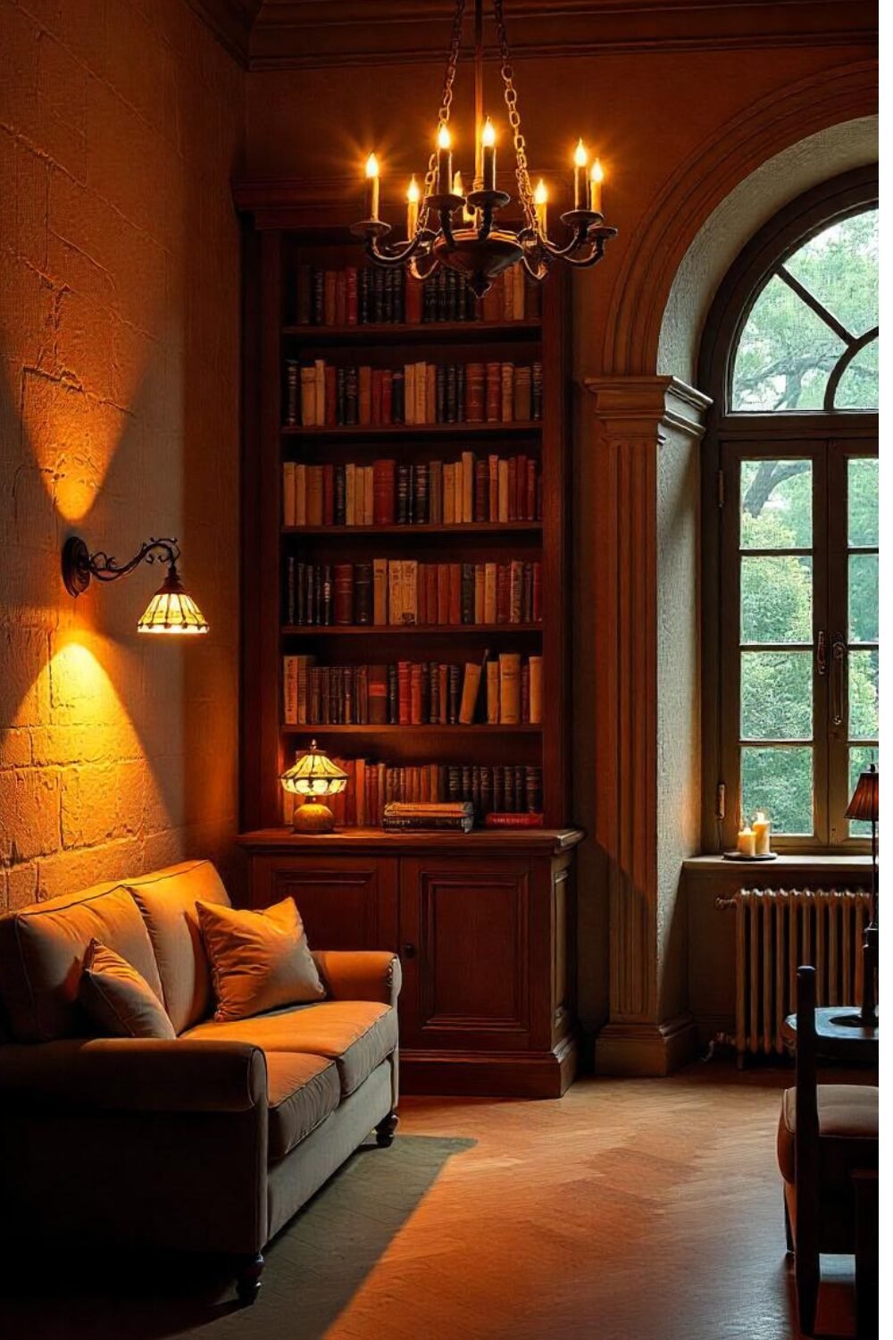 The library is bathed in warm, golden light from a collection of wall sconces, chandeliers, and flickering candles. Shadows dance across the stone-textured walls, creating a space that feels like a hidden medieval retreat. A grand wrought iron chandelier hangs from above, its dim glow perfect for late-night reading.