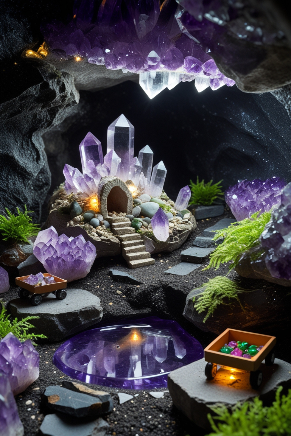 A mesmerizing underground world where gem-toned crystals illuminate dark corners with their otherworldly glow. A fairy dwelling is nestled between amethyst clusters, with tiny staircases carved into crystal formations. Small pools of "water" (resin) reflect the sparkle of overhead geodes, while miniature mining carts filled with tiny gemstones rest on tracks that disappear into a cave entrance. Moss and tiny ferns add soft touches of green among the mineral splendor.