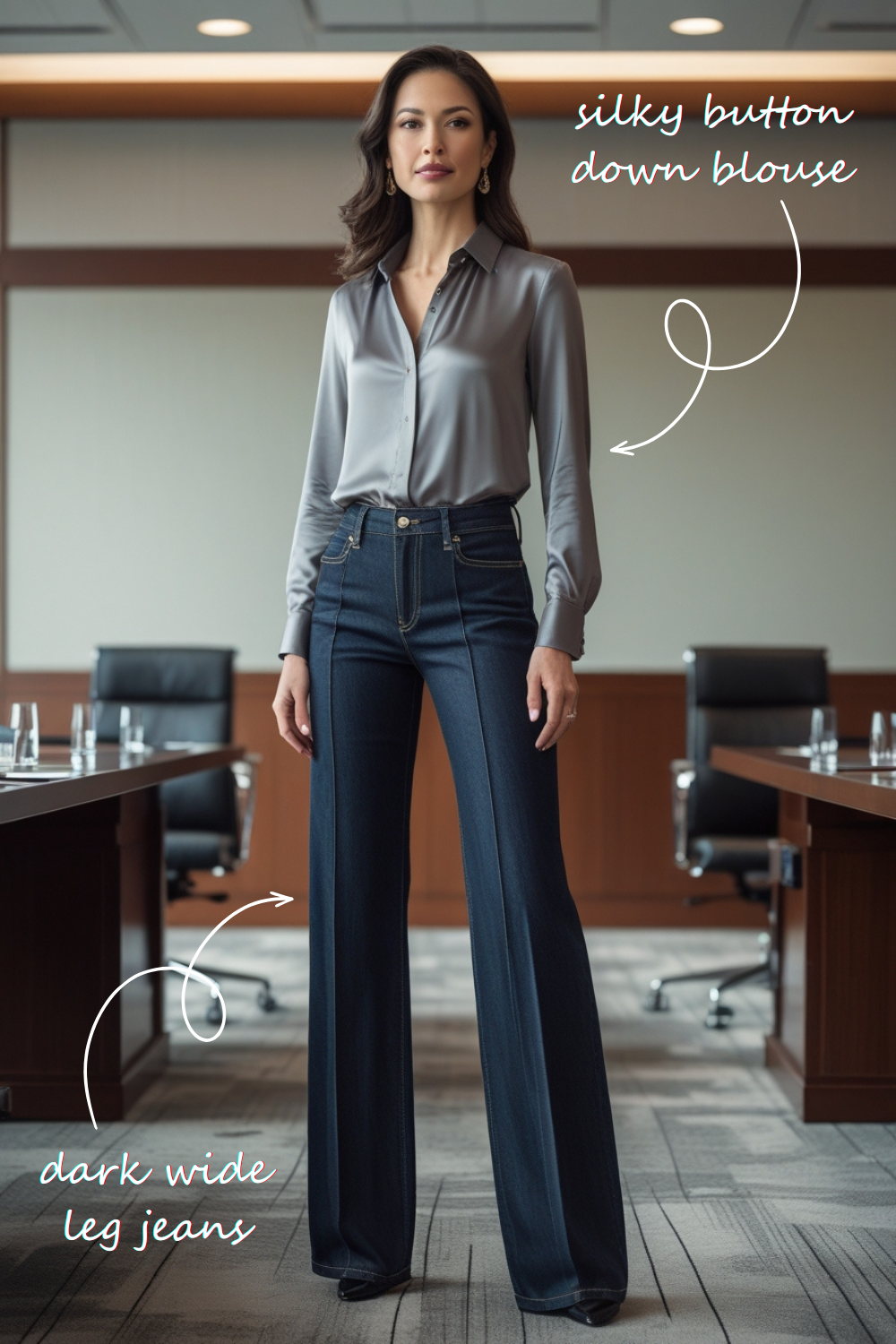 You're commanding the conference room, looking polished and professional while still showing your style savvy. Your tailored wide-leg jeans in a dark wash create a sleek silhouette that rivals traditional trousers, while a tucked-in silk blouse adds refinement. As you present your ideas, your confidence is as sharp as your outfit!