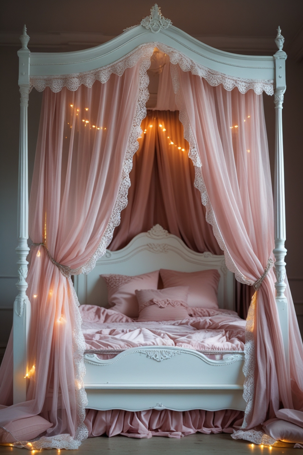 A grand, white canopy bed draped in sheer blush-pink curtains, with a delicate lace trim cascading down the sides. A vintage-inspired headboard, soft pillows, and plush bedding complete the look. The warm glow of fairy lights peeks through the canopy, adding a magical ambiance.
