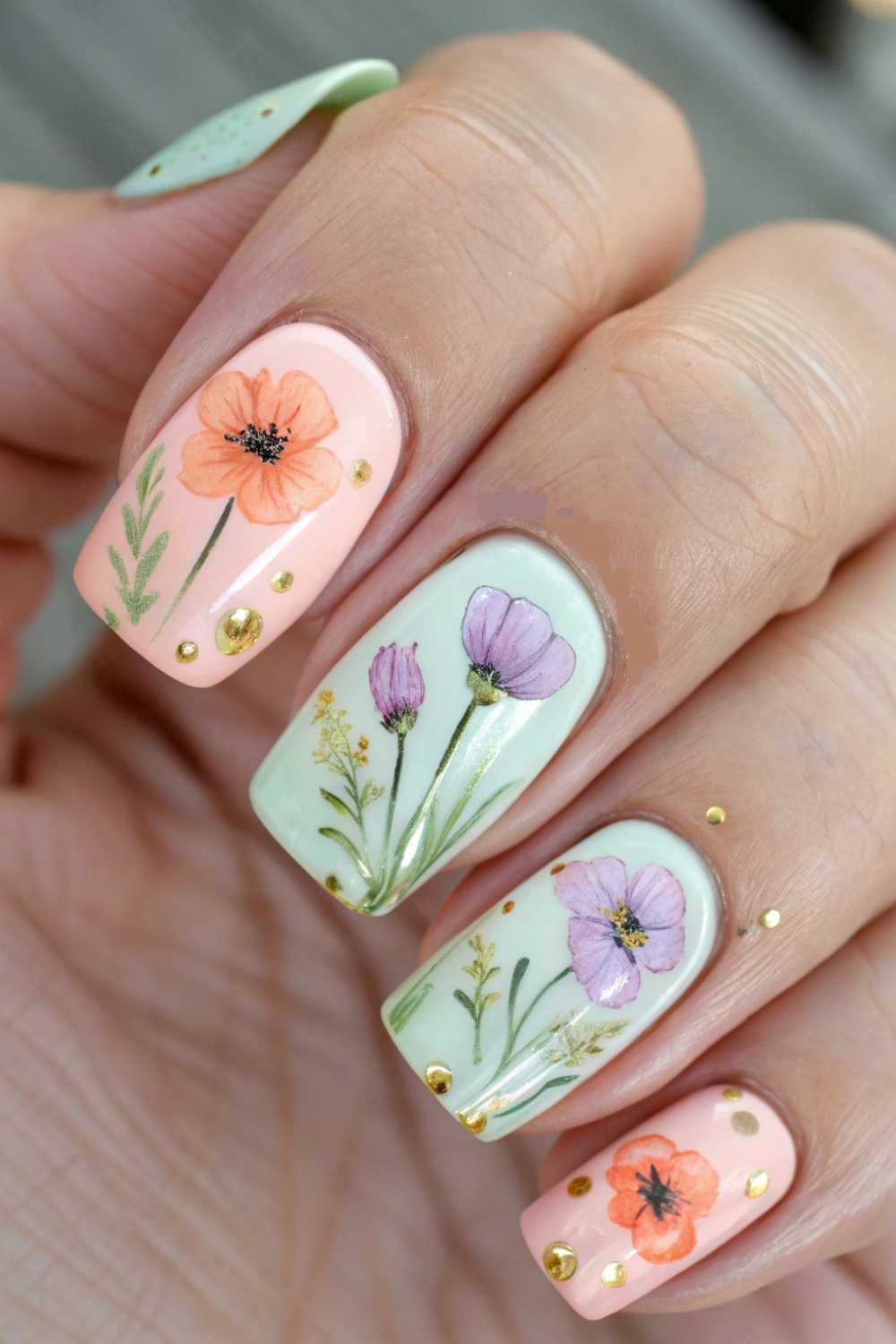 A soft pastel base in shades of peach, lavender, and mint green, with hand-painted poppies in a delicate watercolor style. The petals appear translucent, giving a dreamy, artistic effect. Tiny gold foil flecks add a touch of whimsy.