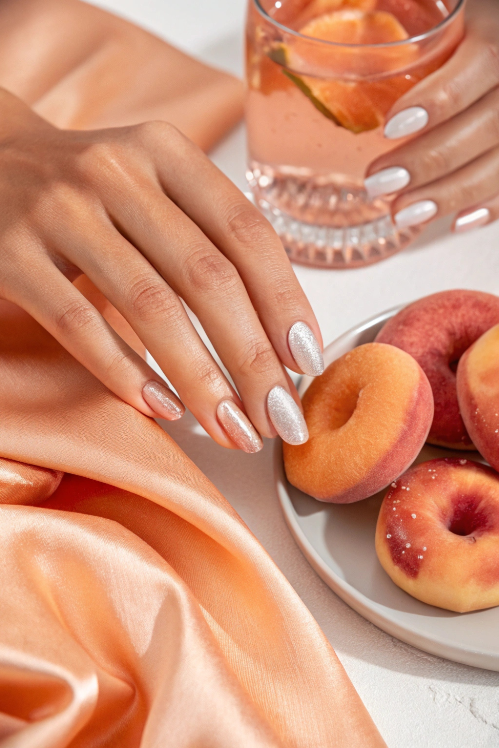 A nude-peach base with gold leaf accents for a luxe look.