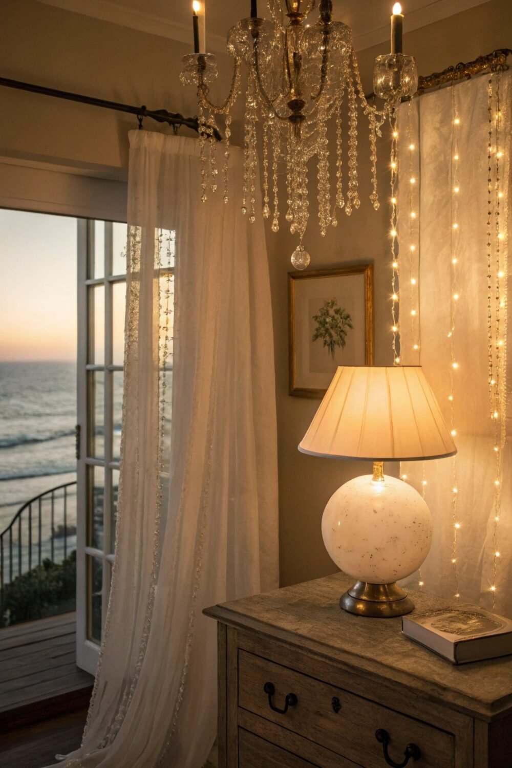 Your room is bathed in the softest, warm-toned light, creating a dreamy, ethereal glow. A globe-shaped pearl lamp sits on your nightstand, emitting a gentle radiance. Across the room, a chandelier with cascading pearl beads catches the light, casting delicate reflections on the walls. Twinkling fairy lights drape softly over sheer curtains, mimicking the shimmer of ocean waves under the moonlight. The entire space feels like it’s glowing from within.